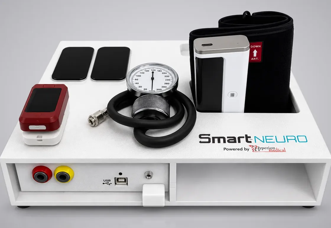 Smart-Neuro autonomic testing kit in its white case, with electrode pads, pulse oximeter, gauge and arm cuff